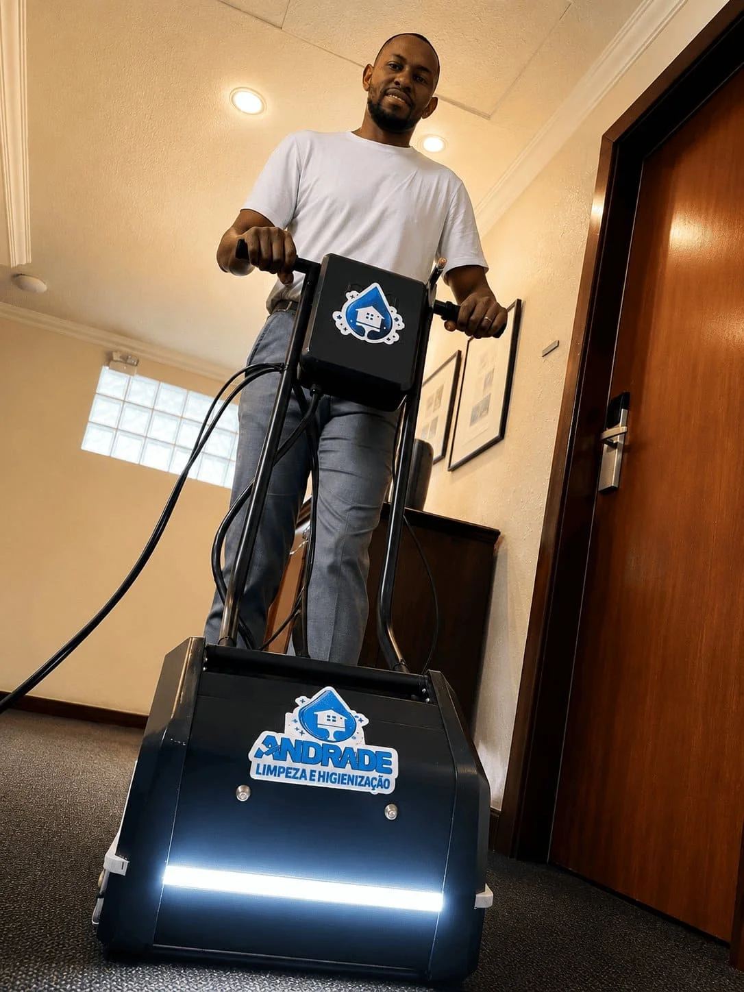Técnico operando máquina de limpeza de carpete em corredor